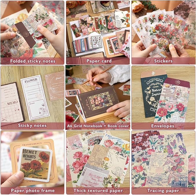 Scrapbooking Supplies Kit, A6 Grid Notebook, Vintage Junk Journaling Kit