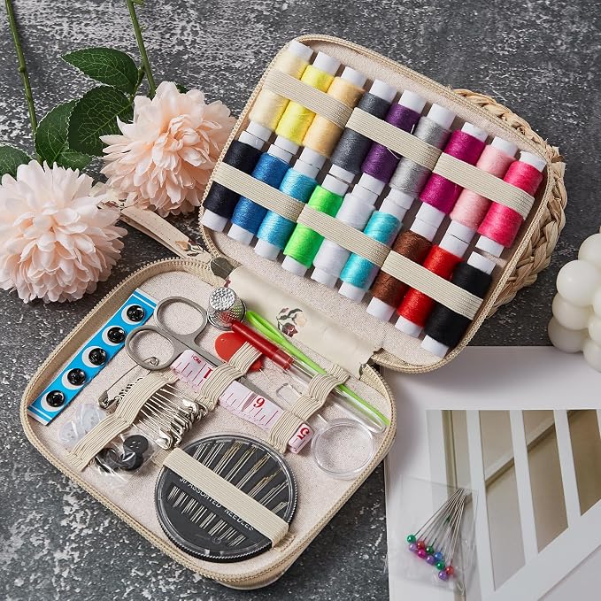 Floral Sewing Kit Printing Sewing Project Kits,Professional Sewing Supplies for Adults, Zipper Sewing Needles Set, 87 PCS Travel Sewing Accessory for Emergency, Home