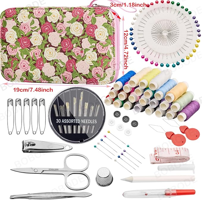 Rose Floral Sewing Kit with 130 PCS Sewing Supplies Accessory,PU Zipper Sewing Needles Set, Professional Travel Sewing Kit for Adults,Emergency, Beginners