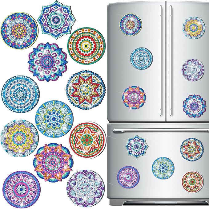 Zonon 12 Pcs Mandala Diamond Art Refrigerator Magnets for Adults | Diamond Painting Kits with Mandala Designs, Magnetic Stickers for Fridge Decor, Easy Kitchen Decorative Magnets for Home