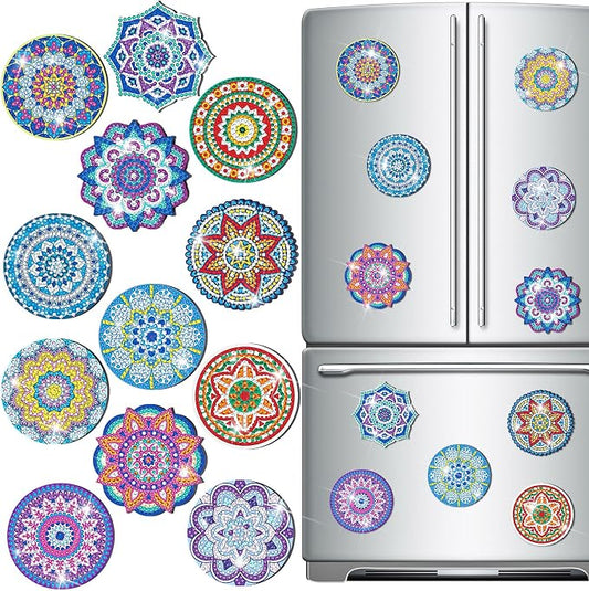 Zonon 12 Pcs Mandala Diamond Art Refrigerator Magnets for Adults | Diamond Painting Kits with Mandala Designs, Magnetic Stickers for Fridge Decor, Easy Kitchen Decorative Magnets for Home
