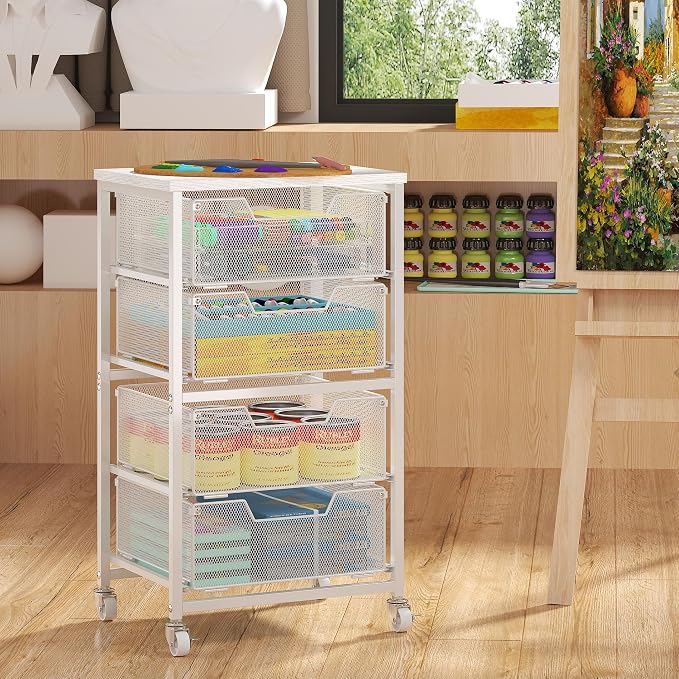 4-Drawer Rolling Storage Cart, Utility Cart with Drawers, White Metal Craft Cart Organizer with Wheels & Wooden Top, Art Supply Storage Organizer for Classroom, Office, Kitchen,Patent Pending