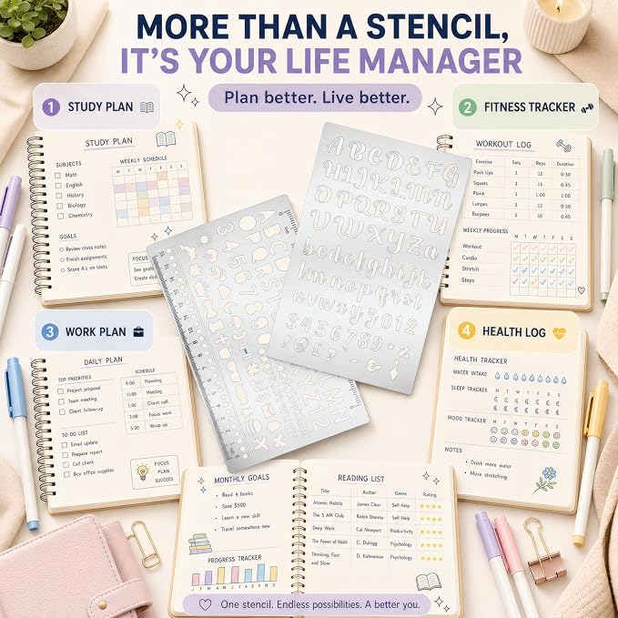 10Pcs Metal Planning Stencils, Bullet Journal Stencil, Ruler Stencil for Journaling with Case – Bullet Journal Weekly/Monthly Planning, Daily Task Tracker, Drawing Straight Lines