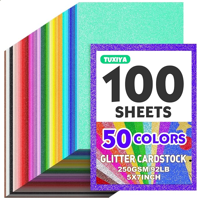 TUXIYA 100 Sheets 5" X 7" Glitter Cardstock,50 Colors 250GSM Card stock