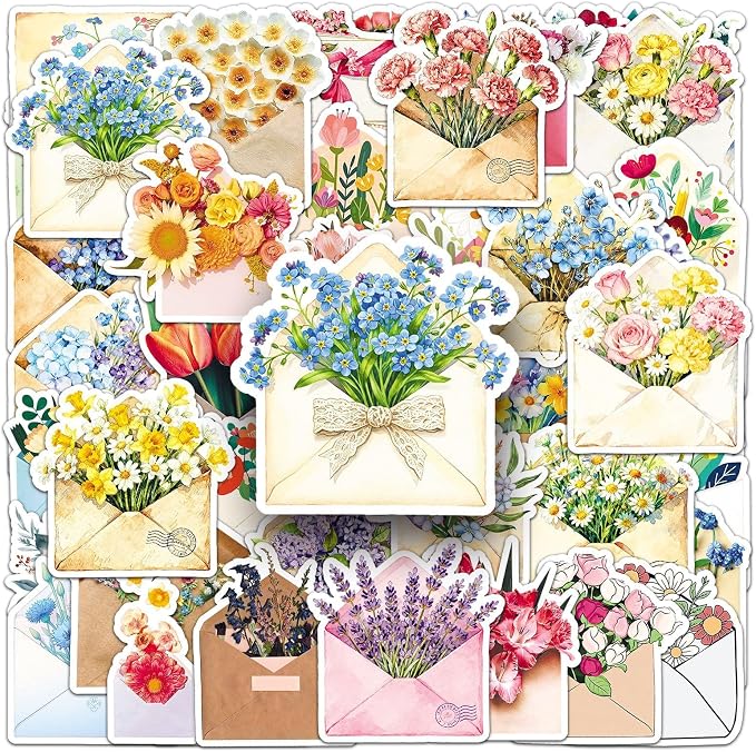 50Pcs Envelope Stickers for Letter and Greeting Cards, Gift Packaging, Ledger, Diary Decoration Stickers(Envelope Flower)