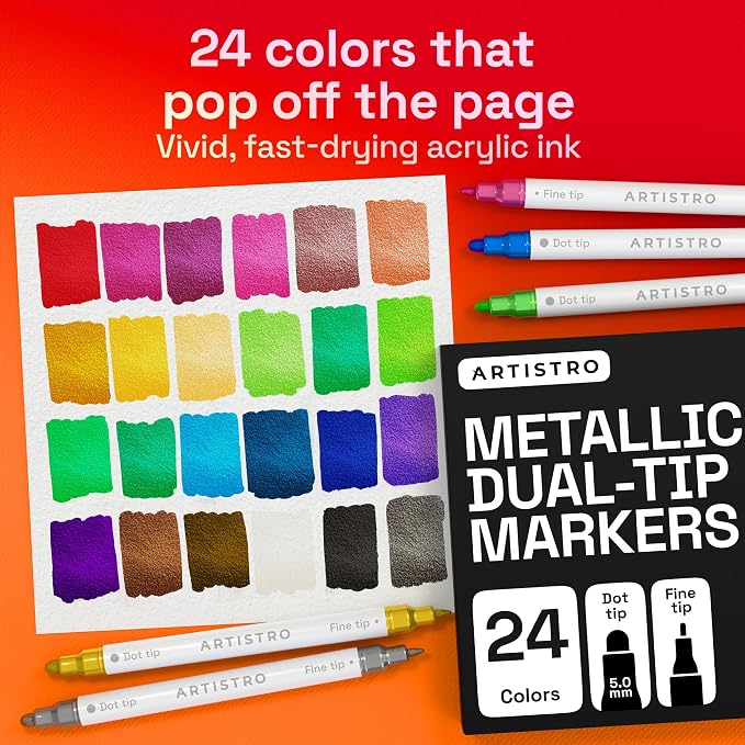 ARTISTRO Metallic Dual-Tip Acrylic Paint Marker Pens - Set of 24 | For Fabric, Rock, Glass, Wood, & Coloring Books, Arts & Crafts Gift, Classroom Must Haves & School Supplies (Dot & Fine Tips)