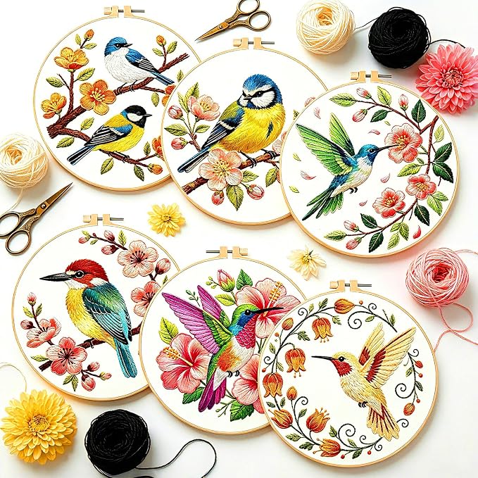 BEUNITONE 6 Set Embroidery Kit for Beginner Adults, Hummingbird & Flower Cross Stitch Set with Stamped Pattern Hoops Threads Cloth Needles, Embroidery Starter Kit for Home Decoration and Gifting