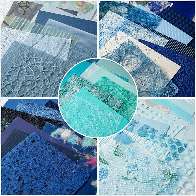 50 Sheets Unique Handmade Textured Scrapbook Paper & Mesh Fabric Set - Junk Journal Supplies Craft Paper for Scrapbooking Journaling Supplies for Junk Journal Retro Crafts（Blue）