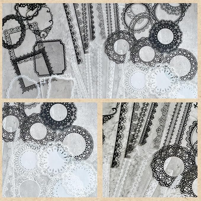 PRSTINCOL 240 PCs Lace Scrapbook Stickers,Waterproof Cutout Transparent Sticker PET Transparent Lace Stickers for Scrapbooking DIY Decoration Making Notebook Frame Album Handmade(Black and White)