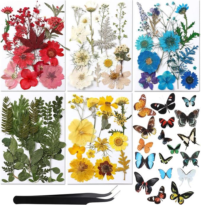 Augshy Real Dried Pressed Flower Set with Butterfly Transparent Stickers Scrapbook Decals Natural Dried Flowers Leaves with Tweezers for Resin Supplies DIY Candle Jewellery Making