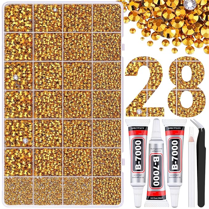 30000Pcs Resin Rhinestones for Bedazzling with Tweezers, Mine Gold Rhinestones for Crafting with 3Pcs 10ml B7000 Jewelry Glue for DIY Crafts Clothing Tumblers Shoes Fabric Nail Art