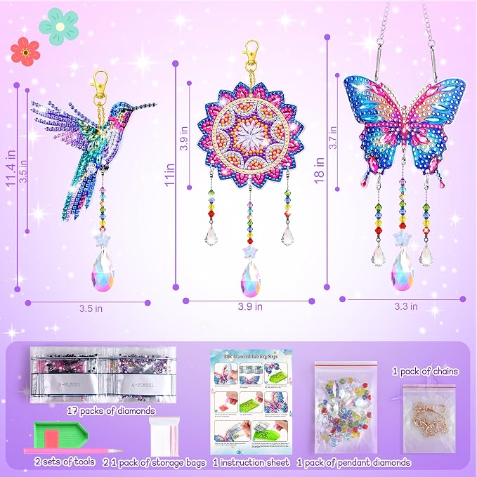 Diamond Art Kits for Kids Ages 8-12, 3 PCS DIY Gem Art Suncatchers for Kids