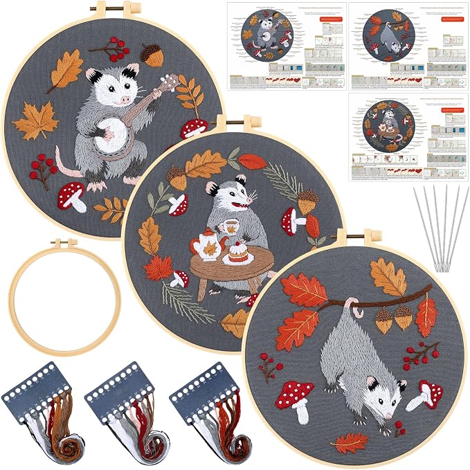 Mindsoft 3 Set Needlepoint Kit for Beginners with Hoop,Autumn Possum | Bamboo Hoop Thread Needles Instructions, Easy Hand Embroidery for Beginners Home Crafts,Pre-stamped Funny Cute Designs