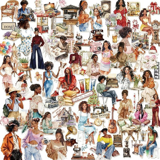 Black Girl Sticker Book, 400+ Vintage Scrapbook Stickers for Black Teen Girls & Women, 30 Pages of Waterproof Vinyl Aesthetic Decals Motivational Quotes for Journaling Planner, Scrapbooking, Laptop