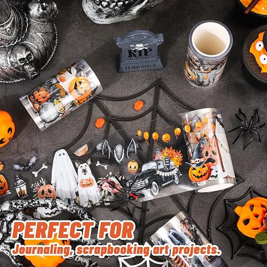 JarThenaAMCS 39.2 Ft Halloween PET Washi Tape 4 Rolls Pumpkin Ghost Witch Bats Transparent Adhesive Masking Tape for Cut & Use as Halloween Stickers Scrapbook Journal DIY Crafts Wrapping