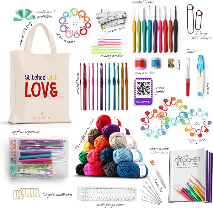 Hearth & Harbor Crochet Kit 114 Piece with 1500 Yards Assorted Yarn Kit, Ergonomic Hooks, Crocheting Instruction, Knitting & Crochet Supplies - Beginner Crochet Kits for Adults, Ideal for Amigurumi