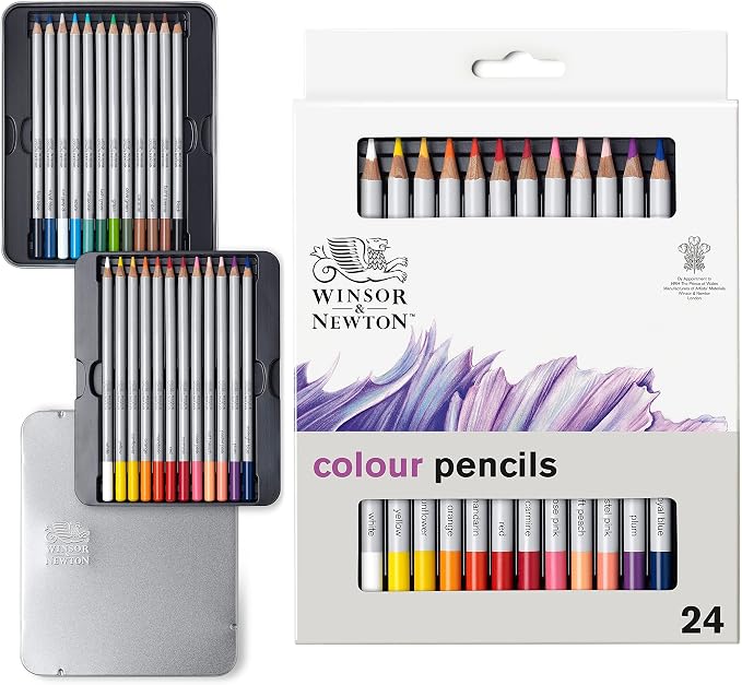 Winsor & Newton Studio Collection, Color Pencils, Set of 24 | Rich, Vibrant Color, Thick-Core Pencils, Soft Smooth Texture, Easy Blending, Stylish Metal Tin Included, High Quality Lead