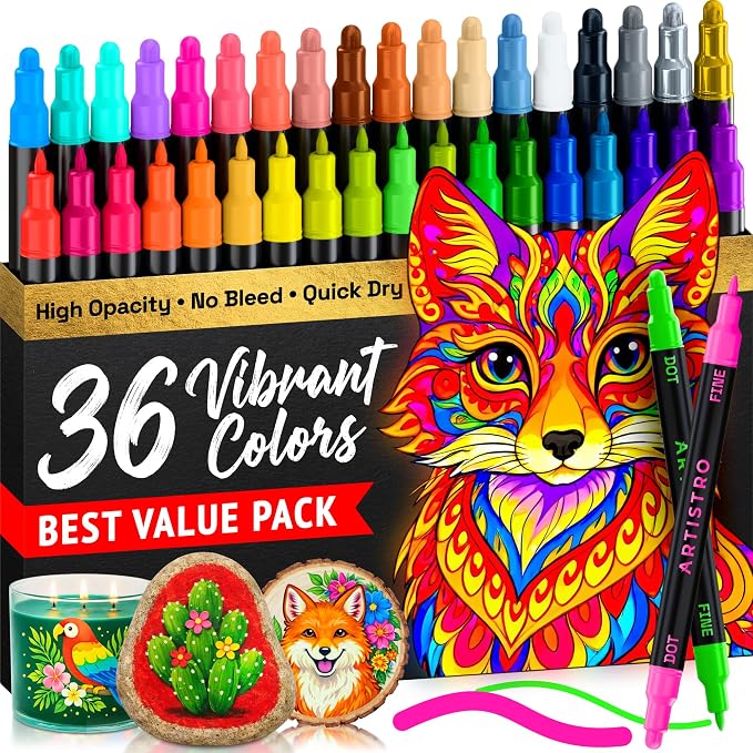 ARTISTRO Dual-Tip Acrylic Paint Marker Pens - Set of 36 | For Fabric, Rock, Glass, Wood, & Coloring Books, Arts & Crafts Gift, Classroom Must Haves & School Supplies (Dot & Fine Tips)