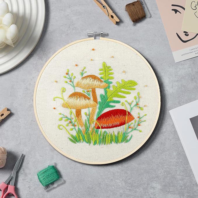 Bonroy 4 Sets Embroidery Kit for Beginners with Instructions,Cross Stitch Kits for Adults with Pattern,Needlepoint Kits for Adult Include Embroidery Cloth Hoops Needles Threads(Mushroom)