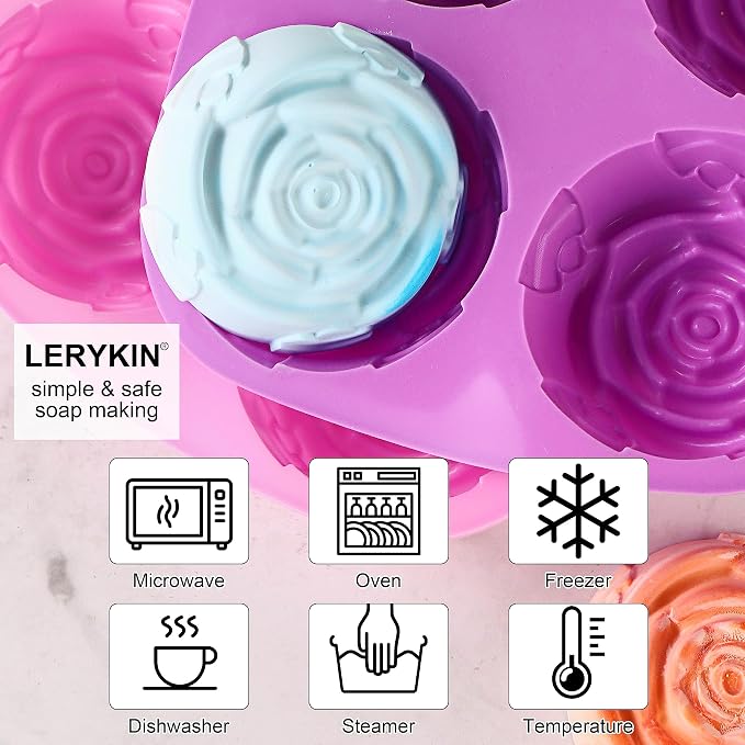 Lerykin Rose Silicone Molds - 2 Pack Handmade Large Rose Flower Soap Mold - Food Grade DIY Bar Mould for 3D Soap, Mousse, Muffin, Cake, Chocolate, Jelly, Resin, Candle - Just Pop Out & Dishwasher Safe