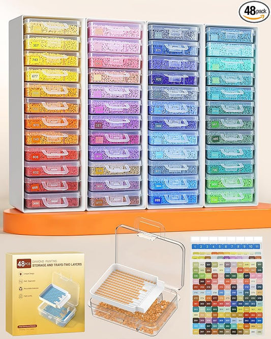 Redtwo 48 PCS Diamond Painting Storage Containers Trays, White | 3-in-1 Diamond Painting Trays with Lids, Detachable Trays, 4 Adjustabe Racks, Diamond Art Accessories, Diamond Art Storage