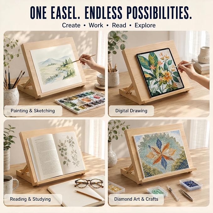 12.5"x16.5" Foldable Beechwood Tabletop Painting Easel | Portable Drafting Table & Art Stand, 5-Position Desk Easel With Smooth Art Board For Studio Sketching, Art Supplies