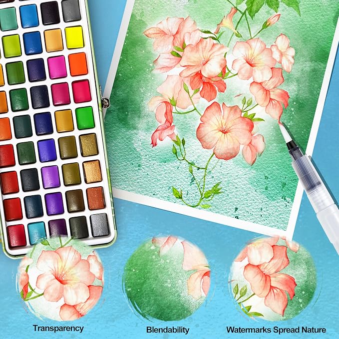 Caliart 50 Colors Watercolor Paint Set, Portable Art Supplies Palette Kit | Travel Water Color Paints with Detail Paintbrush, Art Coloring Painting Gifts for Adults Professionals Beginners Artists