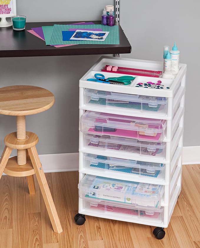 IRIS USA Rolling Cart with Drawers |Made in USA| 6-Tier Cases - White/Clear