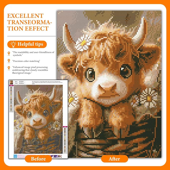 Diamond Art Kits for Adults, Highland Cow Diamond Painting for Beginners | 12x16 Inch, Full Drill Round Dots, Baby Cow DIY 5D Gem Art Craft Kits, Home Wall Decor, Stress Relief Relaxing Hobby Gift