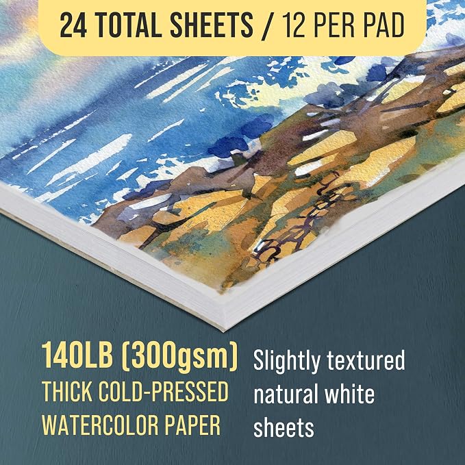 U.S. Art Supply 12" x 16" Premium Heavyweight Watercolor Paper Pad, 2-Pack