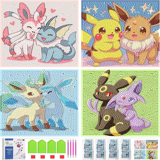 LWZAYS 4 Pack 5D Anime Diamond Painting Kits for Kids, Gem Crafts for Kids | DIY Crafts Diamond Art Kit for Kids,Full Round Drill Big Gem Art for Kid,Home Wall Decoration 6X6 inch