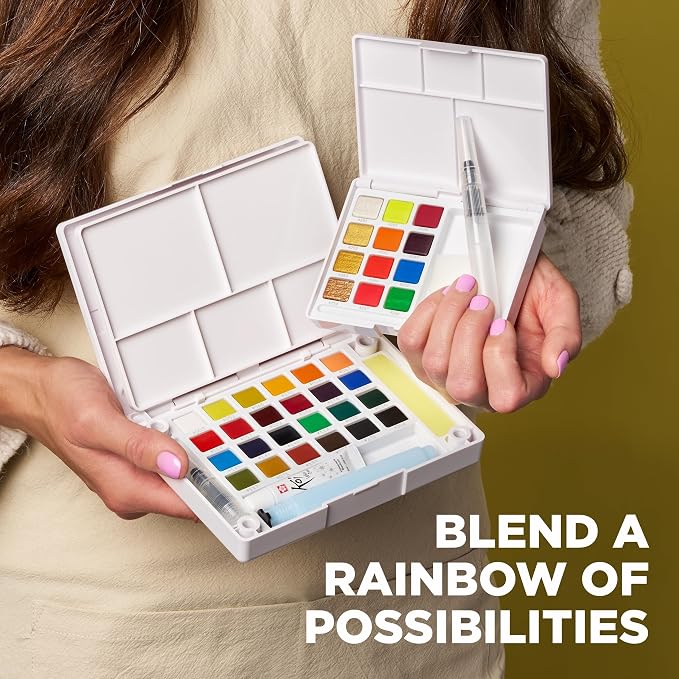 SAKURA XCNW-12H XNCW-12H, 12 Assorted Watercolors Field Sketch Set with Brush | Watercolor Sets for Painting On the Go, Includes Water Brush, Sponge, and Mixing Palette, Portable Travel Art Kit