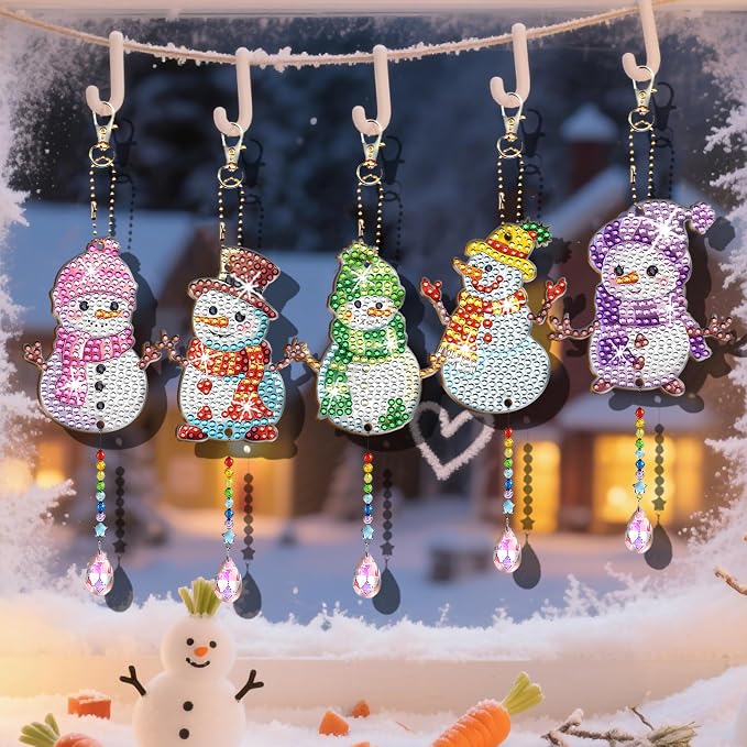 JeCuiK 6 Pcs Diamond Art Christmas Ornaments Snowman Diamond Painting Keychain Kits Double Sided Diamond Art Kits for Adults Xmas Decoration Diamond Painting Wind Chimes DIY