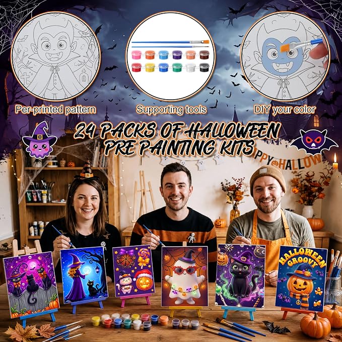 Blosssound 24 Pack Cute Halloween Pre Drawn Canvas to Paint Pre Printed Canvas Painting Kits with Easel Paint Pots Brushes Stretched Panels Bulk for Adult Party Student Beginner Birthday DIY