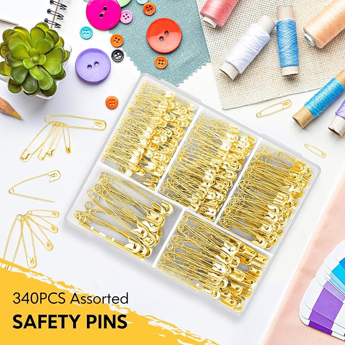 Huhuhero 340 Pack Safety Pins Assorted, 5 Different Sizes Pin Bulk, Gold