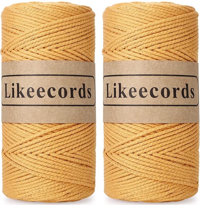 Likeecords 100% Cotton Rope Crochet Yarn Bag Cord 2mm 350Yards Braided Macrame Cord Macrame Rope Crochet Thread Gift for Knitter(Yellow)