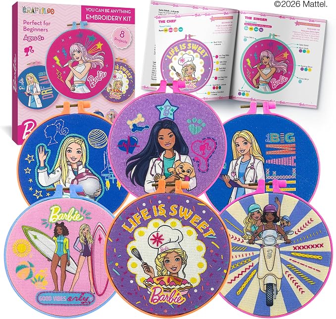 Barbie® Embroidery Kit for Kids Ages 8-12 - 8 Beginner Designs, 2 Hoops
