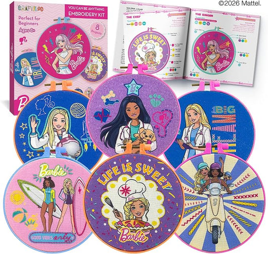 Barbie® Embroidery Kit for Kids Ages 8-12 - 8 Beginner Designs, 2 Hoops