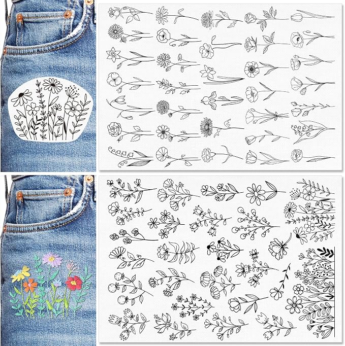 Patemby Embroidery Pattern Water Soluble Embroidery Stabilizers, Stick and Stitch Embroidery Paper Wash Away with Pre-Printed Pattern Designs Stencils Transfers for Hand Sewing Lover Beginner