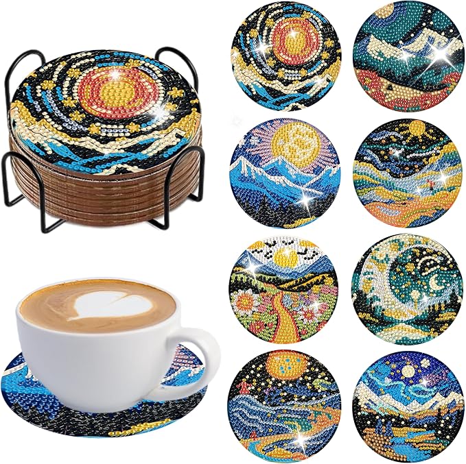 8 Pcs Landscape Diamond Art Coasters with Holder,Landscape Diamond Art Kits for Adults,Diamond Painting Coasters Kit for Gifts