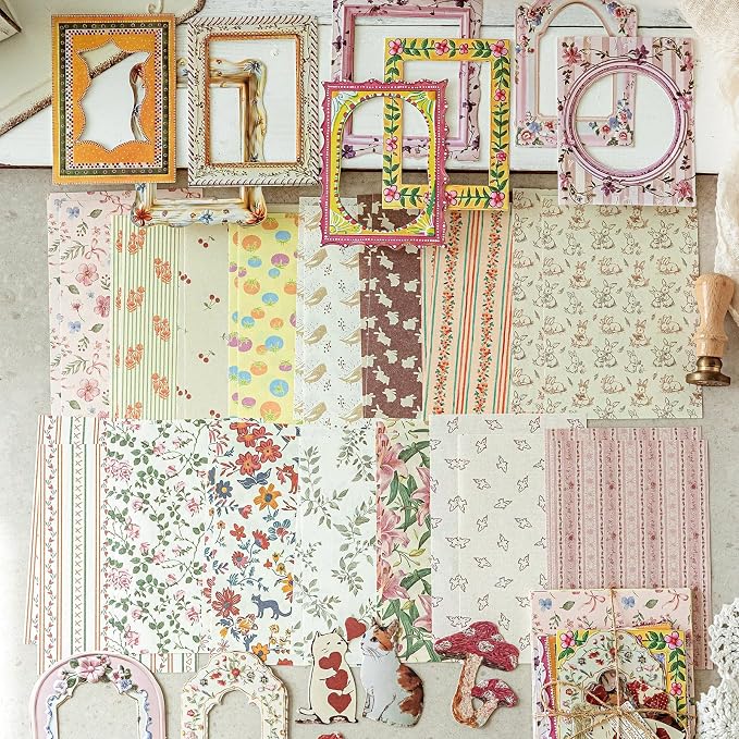 180 Pcs Floral Scrapbooking Paper & Animal Stickers, Embossed Scrapbook Window Frames, 4 Packs Junk Journal Scrapbooking Supplies Kit for Journaling, Embellishments, Card