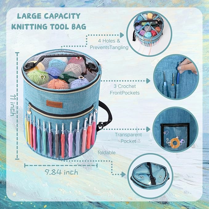 Yarniss Crochet Kit for Beginners,Crochet Set for Adults,Slate Blue | 1120 Yards Crochet Yarn 16 Colors,14 Size Ergonomic Crochet Hooks 2.0mm~10.0mm Large Capacity Storage