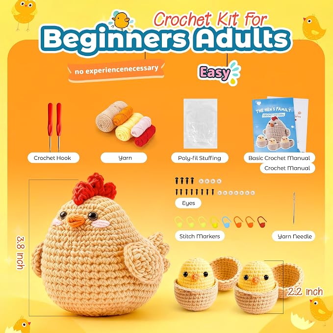 Joyclub Crochet Kit for Beginners 4 Chicken Family with Video for Adults | Amigurumi crochet with video guidance support first projects crochet Starter; a playful DIY gift for adult kitting learners
