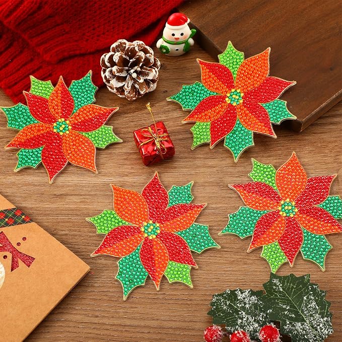 UPINS 8Pcs Christmas Diamond Art Painting Coaster Kit, Poinsettia Coaster Christmas Red Flower Coasters with Holder for Xms DIY Crafts Gifts Holiday Home Kitchen Table Decor