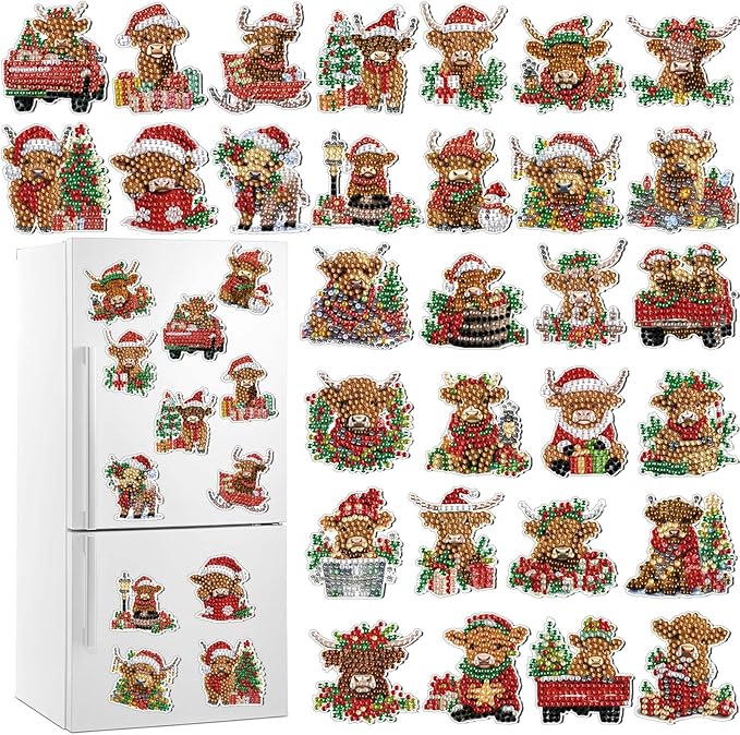 Remuuly 30 Pcs Christmas Diamond Painting Magnets Diamond Art Kit for Adult | Christmas Highland Cow Refrigerator Magnet, Xmas 5D Rhinestone Fridge Magnetic Sticker, Diamond Club Gift, Beginner DIY Craft