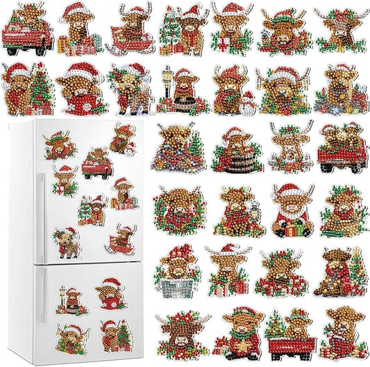 Remuuly 30 Pcs Christmas Diamond Painting Magnets Diamond Art Kit for Adult | Christmas Highland Cow Refrigerator Magnet, Xmas 5D Rhinestone Fridge Magnetic Sticker, Diamond Club Gift, Beginner DIY Craft
