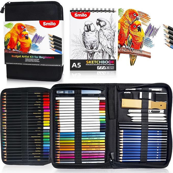 Smilo 76-Piece Art Supplies Sketching Kit with Sketchbook and Travel Case
