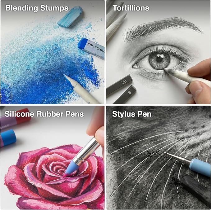 COLOUR BLOCK 30pcs Sketching Tool Set with Soft Pastels Drawing Art Blenders, Blending Stumps, Tortillions, Sandpaper, Sketch Pencil Extender, Rubber Pens
