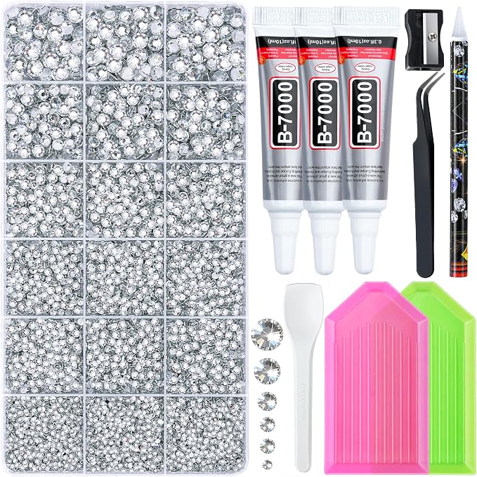 32000 Pcs Resin Jelly Rhinestones Kit, Sliver Clear 2/3/4/5/6mm Flatback Rhinestones with 3 Pcs B7000 Jewelry Glue & Tools, All-in-One Bedazzling Kit for DIY Arts & Crafts Gifts