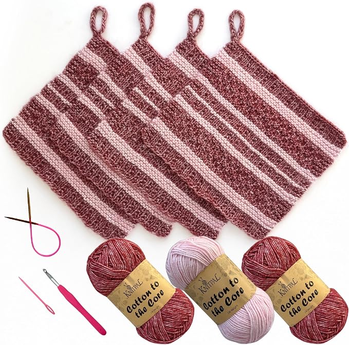 KnitPal Dishcloth Knitting Kit for Beginners (Cherry Red + Blush Pink)